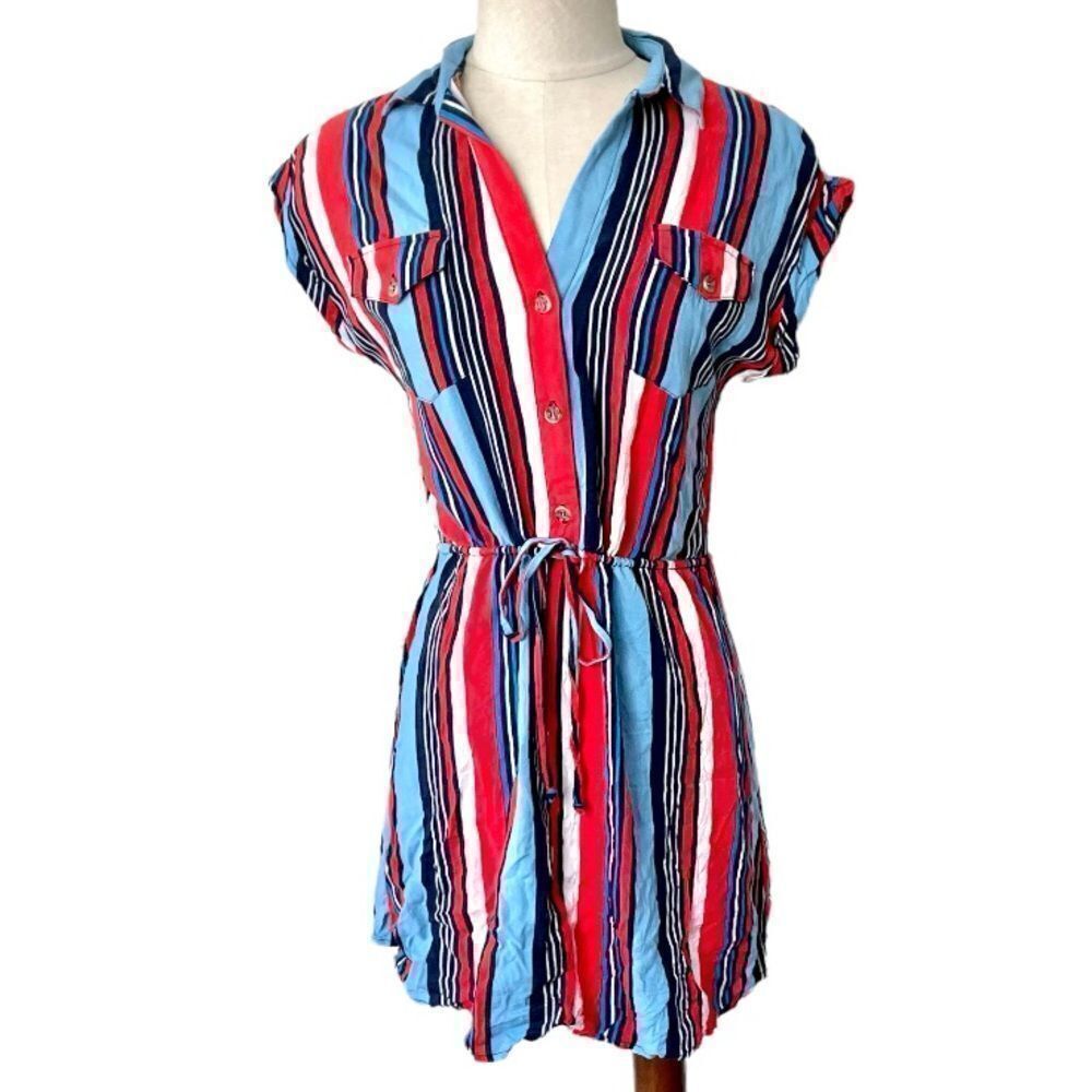 Urban Girl red blue black and white stripe button down short sleeve dress